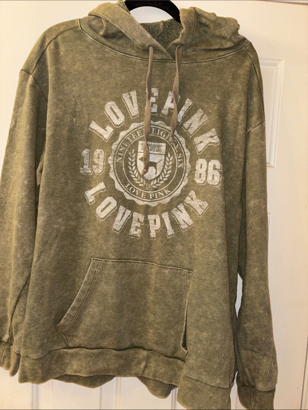 PINK Victoria's Secret Olive Green V-Neck Pullover Hoodie L EUC